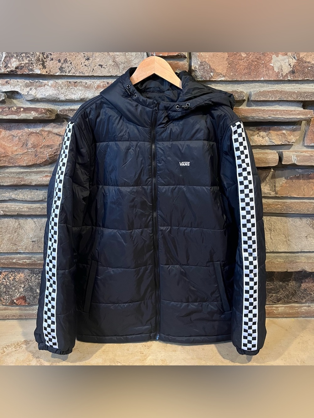 Vans Woodridge Black Quilted Puffer Jacket with Checkerboard Sleeve Stripe